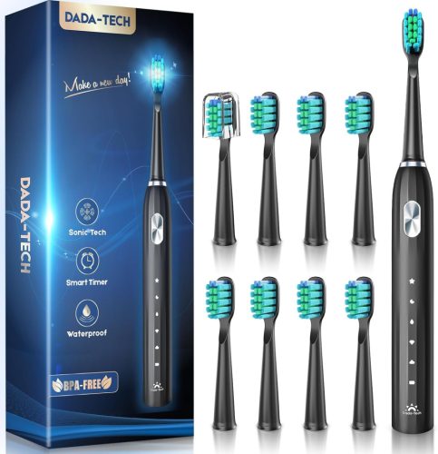 Periuță de dinți electrică Dada-Tech cu tehnologie sonoră - 5 moduri de curățare, impermeabilă, cu temporizator, reîncărcabilă, cu 8 capete de periuță, pentru adulți și copii