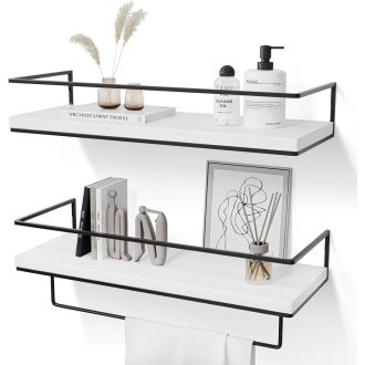   DifferTemp fehér lebegő polc szett 2db törölközőtartóval, modern fali polc konyha fürdőszoba nappali