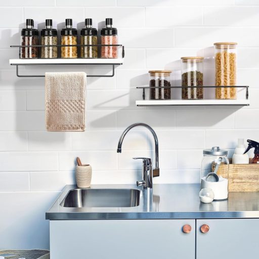 Set 2 polițe suspendate albe DifferTemp cu suport pentru prosoape, raft de perete modern pentru bucătărie, baie, sufragerie