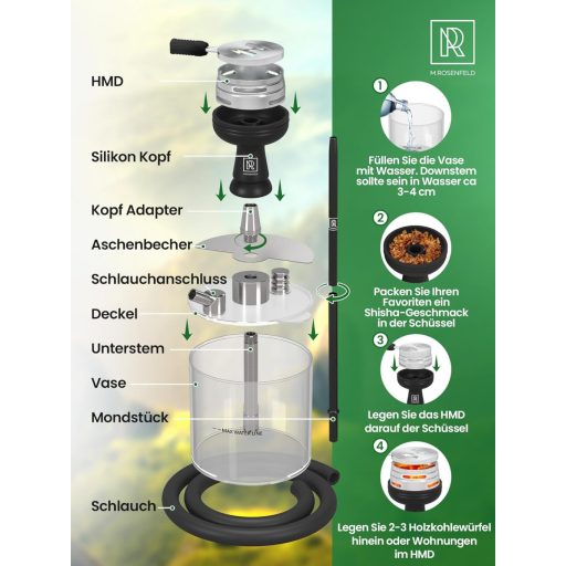 M. ROSENFELD Mini Vízipipa Utazáshoz Táskával és Prémium Kiegészítőkkel - Hordozható Shisha Szett Acrylic Tállal és Rozsdamentes Diffúzorral