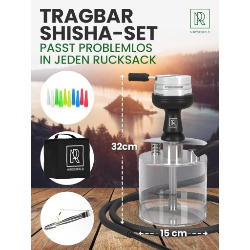M. ROSENFELD Mini Vízipipa Utazáshoz Táskával és Prémium Kiegészítőkkel - Hordozható Shisha Szett Acrylic Tállal és Rozsdamentes Diffúzorral