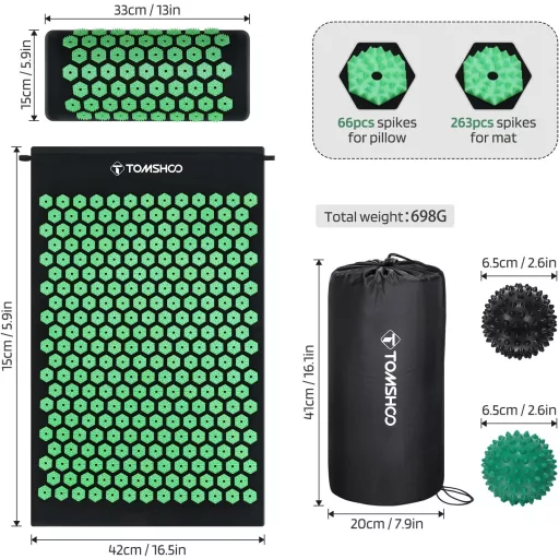 TOMSHOO Akupresszúrás szőnyeg szett, masszázslabdákkal és párnával, hát- és nyakfájásra
