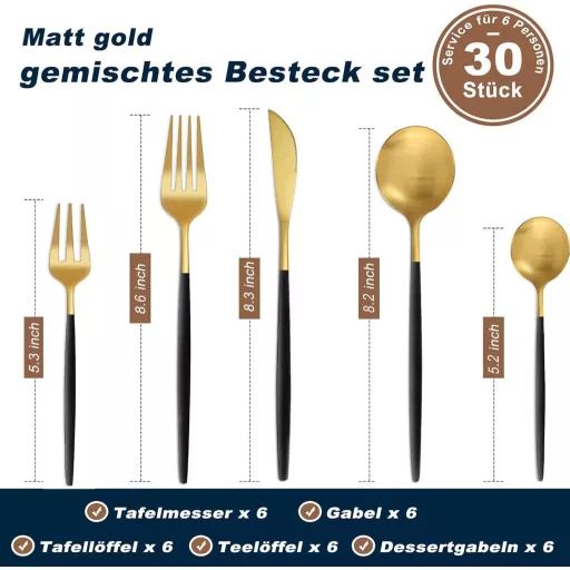 Bestdin 30 részes evőeszköz készlet 6 személyre, matt fekete-arany rozsdamentes acél
