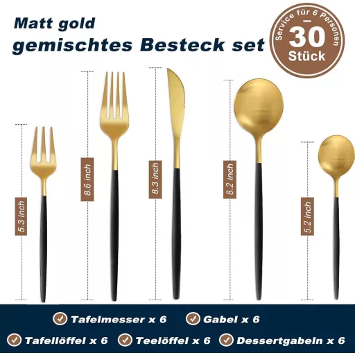 Set de tacâmuri Bestdin, 30 piese pentru 6 persoane, oțel inoxidabil, negru-auriu mat