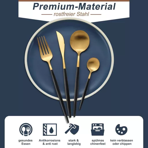 Set de tacâmuri Bestdin, 30 piese pentru 6 persoane, oțel inoxidabil, negru-auriu mat