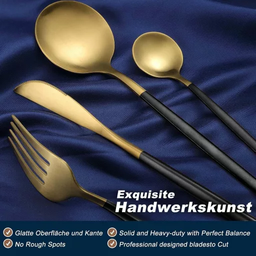 Set de tacâmuri Bestdin, 30 piese pentru 6 persoane, oțel inoxidabil, negru-auriu mat