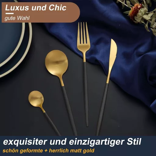 Set de tacâmuri Bestdin, 30 piese pentru 6 persoane, oțel inoxidabil, negru-auriu mat