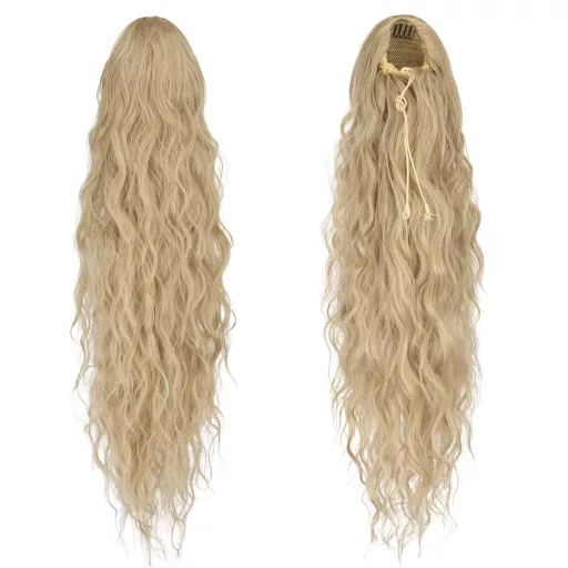 FESHFEN extensie de păr coadă lungă ondulată, buclată, sintetică, 65cm, blond cenușă