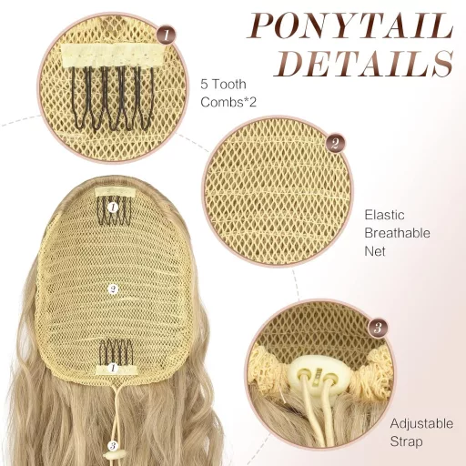 FESHFEN extensie de păr coadă lungă ondulată, buclată, sintetică, 65cm, blond cenușă