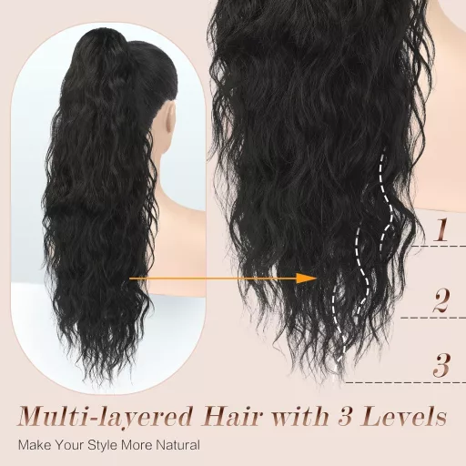 FESHFEN extensie de păr coadă lungă ondulată, buclată, sintetică, 65cm, blond cenușă