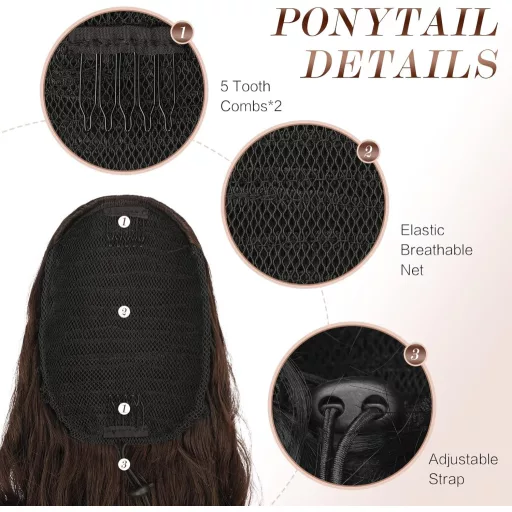 FESHFEN Extensie coc ondulat cu clips, păr sintetic 66 cm, șaten închis