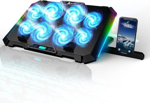 Pad de răcire KLIM V8 Gamer pentru laptop, cu 8 ventilatoare - Iluminare RGB - Pentru laptopuri de 17 inch - 2 porturi USB - Suport pentru telefon - Unghi reglabil