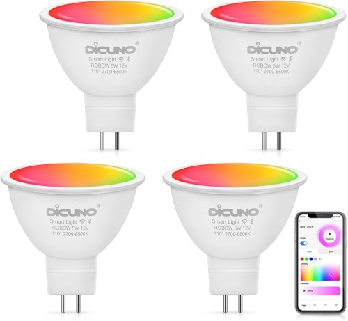 DiCUNO 5W GU5.3 Okos LED Spotlámpa - WiFi/Bluetooth RGB Színváltós, Fényerőszabályozható, 2700K-6500K, Alexa/Google Kompatibilis, 320LM, 12V