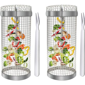   Sunsiou Grillkosár Szett - 2 db Rozsdamentes Acél Forgó Grillkosár Villával - BBQ Kiegészítő Zöldségekhez, Húsokhoz - Kempingezéshez, Piknik