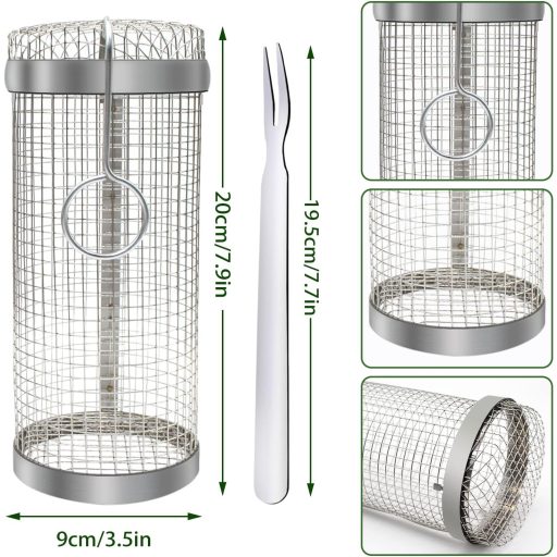 Sunsiou Set košara za roštilj - 2 komada rotirajuće košare za roštilj od nehrđajućeg čelika s vilicom - BBQ dodatak za povrće, meso - za kampiranje, piknik