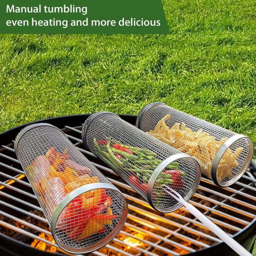 Sunsiou Set košara za roštilj - 2 komada rotirajuće košare za roštilj od nehrđajućeg čelika s vilicom - BBQ dodatak za povrće, meso - za kampiranje, piknik