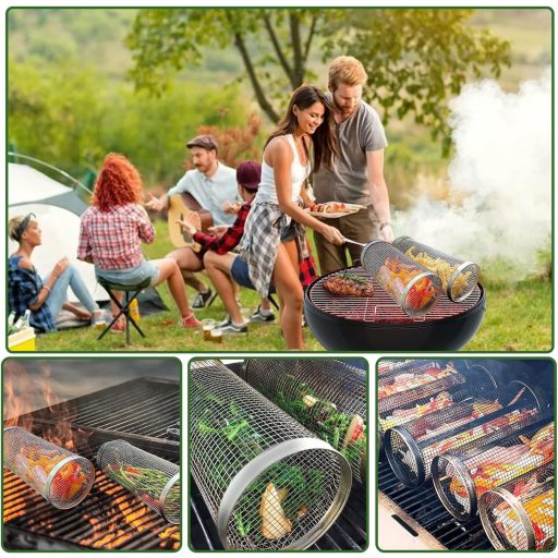 Sunsiou Set košara za roštilj - 2 komada rotirajuće košare za roštilj od nehrđajućeg čelika s vilicom - BBQ dodatak za povrće, meso - za kampiranje, piknik