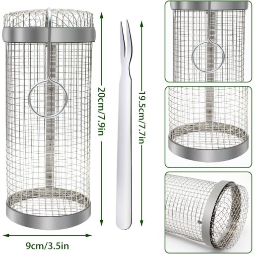 Sunsiou Grillkosár Szett - 2 db Rozsdamentes Acél Forgó Grillkosár Villával - BBQ Kiegészítő Zöldségekhez, Húsokhoz - Kempingezéshez, Piknik