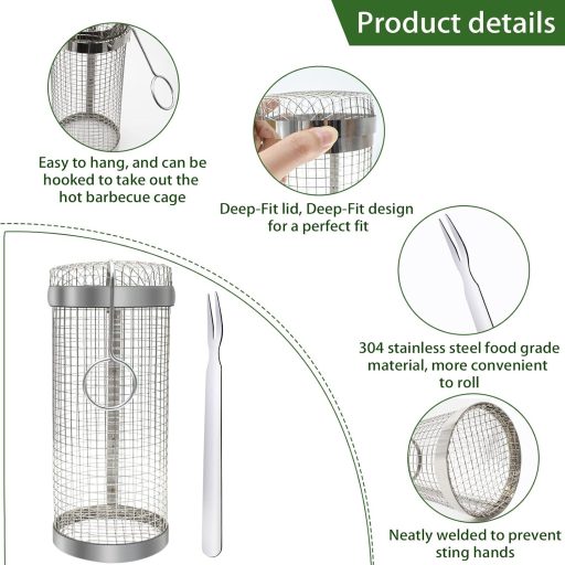 Sunsiou Grillkosár Szett - 2 db Rozsdamentes Acél Forgó Grillkosár Villával - BBQ Kiegészítő Zöldségekhez, Húsokhoz - Kempingezéshez, Piknik