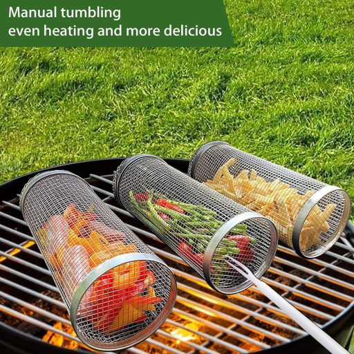 Sunsiou Grillkosár Szett - 2 db Rozsdamentes Acél Forgó Grillkosár Villával - BBQ Kiegészítő Zöldségekhez, Húsokhoz - Kempingezéshez, Piknik