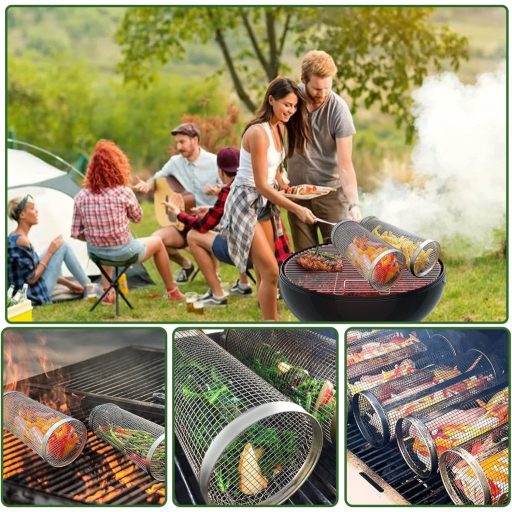Sunsiou Grillkosár Szett - 2 db Rozsdamentes Acél Forgó Grillkosár Villával - BBQ Kiegészítő Zöldségekhez, Húsokhoz - Kempingezéshez, Piknik