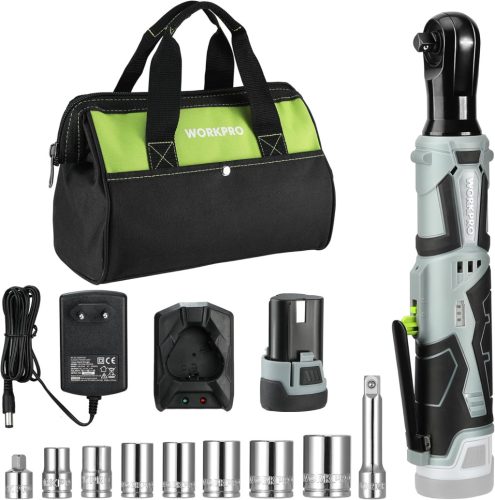 WORKPRO Elektromos Racsnis Kulcs Készlet, 12V, 55 Nm, 3/8" Méretű, LED Világítással, 2.0 Ah Akkumulátorral, 9 Dugókulccsal és Táskával
