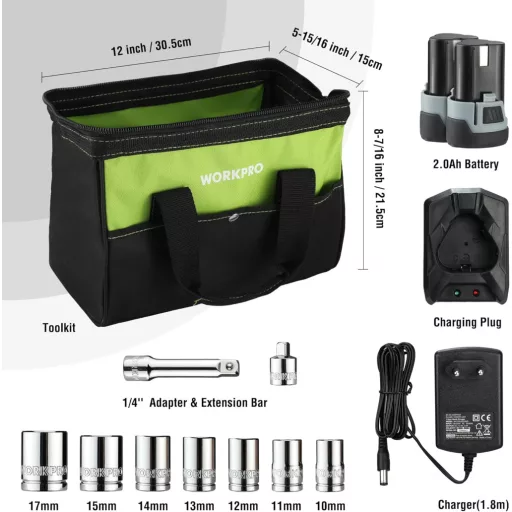Set chei electrice cu clichet WORKPRO, 12V, 55 Nm, dimensiun