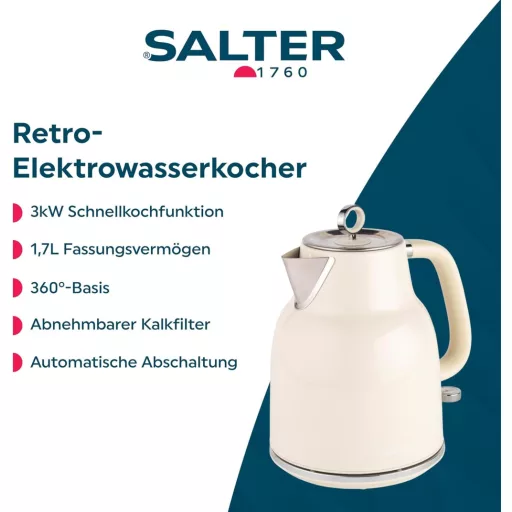 Salter Retro Krém Vízforraló 1.7L 360° Talapzat Gyors Forralás