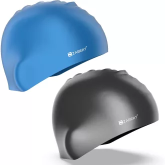   ZABERT Set 2 căști de înot pentru copii, din silicon impermeabil, pentru păr lung, negru și albastru
