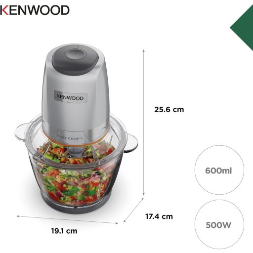 Kenwood EasyChop+ CHP62.400 SI Electric Chopper with Quadruple Blades Made of Stainless Steel, One Touch Operation, Ice Crusher, 0.6 L Working Container, Dishwasher Safe, 500 W, Black