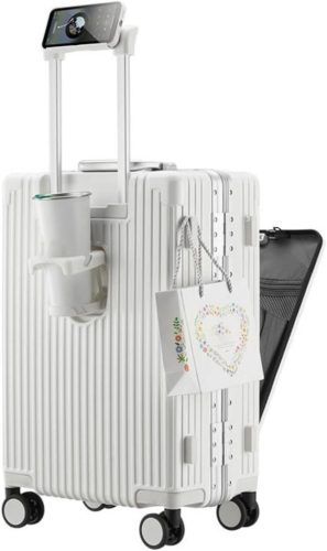 LANMOU Alumínium Keretes Kemény Héjú Bőrönd 20" - Kézi Poggyász USB Porttal, Pohártartóval, 4 Kerekű Utazóbőrönd TSA Zárral, 56 cm, Fehér