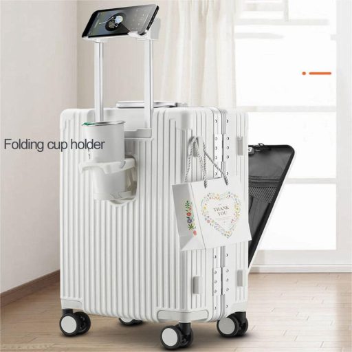 LANMOU Alumínium Keretes Kemény Héjú Bőrönd 20" - Kézi Poggyász USB Porttal, Pohártartóval, 4 Kerekű Utazóbőrönd TSA Zárral, 56 cm, Fehér