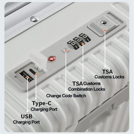 LANMOU Hliníkový Kufor s Tvrdou Škrupinou, 20" - Príručná Batožina s USB Portom, Držiakom na Pohár, 4-kolieskový Cestovný Kufor s TSA Zámkom, 56 cm, Biely