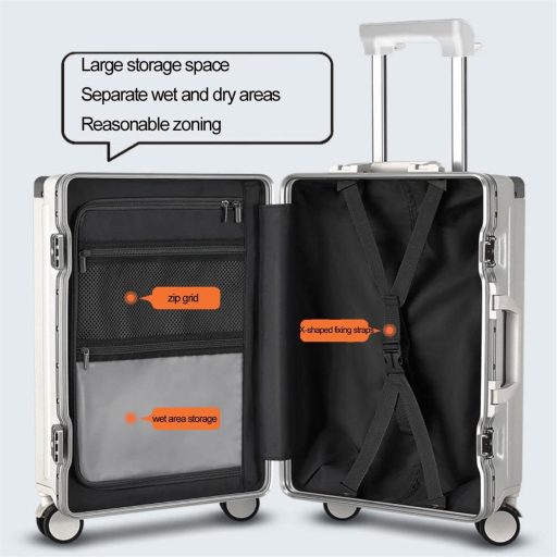 LANMOU Alumínium Keretes Kemény Héjú Bőrönd 20" - Kézi Poggyász USB Porttal, Pohártartóval, 4 Kerekű Utazóbőrönd TSA Zárral, 56 cm, Fehér