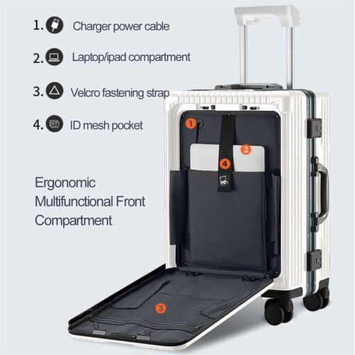 LANMOU Hliníkový Kufor s Tvrdou Škrupinou, 20" - Príručná Batožina s USB Portom, Držiakom na Pohár, 4-kolieskový Cestovný Kufor s TSA Zámkom, 56 cm, Biely