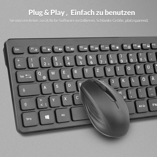 Set Tastatură și Mouse Wireless Rii, Combo Tastatură Mouse Wireless pentru PC Laptop Windows Smart TV, Layout German - Negru
