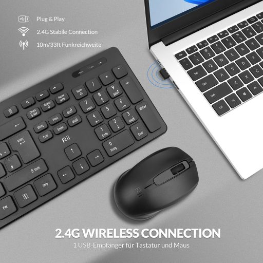 Rii Vezeték Nélküli Billentyűzet és Egér Szett, Wireless Keyboard Mouse Combo PC Laptop Windows Smart TV-hez, Német Kiosztás - Fekete