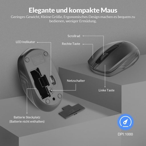 Rii Vezeték Nélküli Billentyűzet és Egér Szett, Wireless Keyboard Mouse Combo PC Laptop Windows Smart TV-hez, Német Kiosztás - Fekete