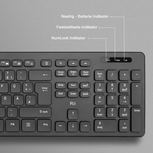 Rii Vezeték Nélküli Billentyűzet és Egér Szett, Wireless Keyboard Mouse Combo PC Laptop Windows Smart TV-hez, Német Kiosztás - Fekete