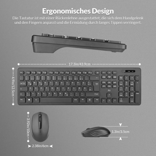 Rii Vezeték Nélküli Billentyűzet és Egér Szett, Wireless Keyboard Mouse Combo PC Laptop Windows Smart TV-hez, Német Kiosztás - Fekete