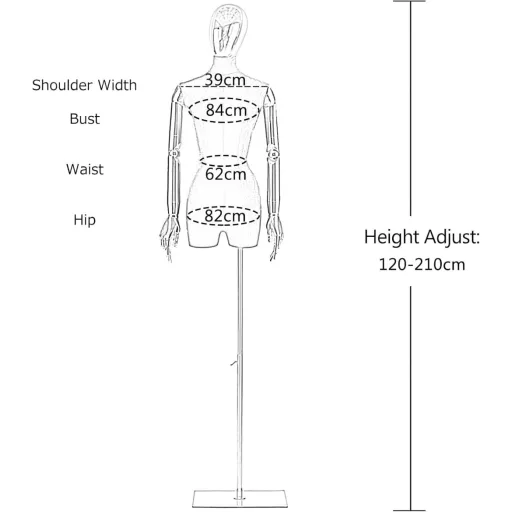 Jueraori Női Próbababa Fejjel és Karokkal - Állítható Magasságú (120-210 cm) Szabóbábu Ruhakiállításhoz, Butikokba - 84 cm Mellbőség