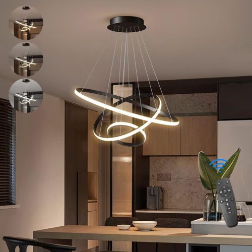 Lustră suspendată LED Modernă KSIBNW cu 3 Inele - Lampă de masă de sufragerie de 45W cu Înălțime Reglabilă, Telecomandă, Intensitate Variabilă, Alb Cald 3000K