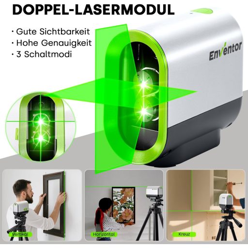 ENVENTOR zöld kereszt lézer szintezőlézeres szintmérő 50m mágneses tartóval