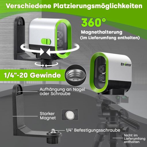 ENVENTOR zöld kereszt lézer szintezőlézeres szintmérő 50m mágneses tartóval