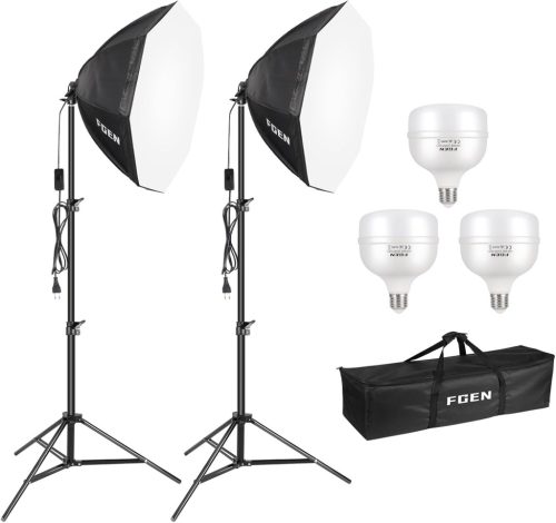 FGen Oktogonális Softbox Fotóstúdió Szett 135W 5500K LED Lámpákkal, 70cm Fénydoboz és 2m Állítható Állványok Portré és Termékfotózáshoz