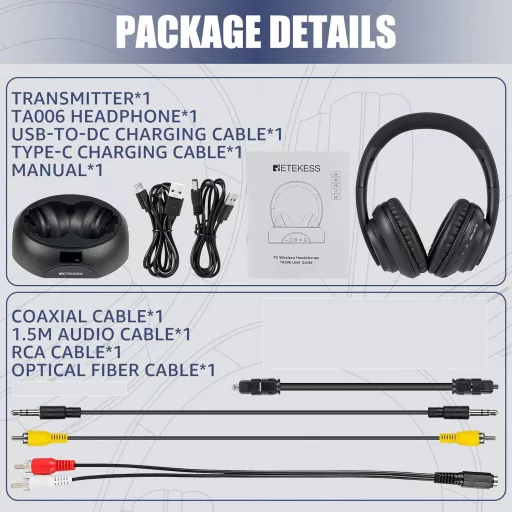 Căști wireless Retekess TA006 pentru TV, rază de acțiune 30m, autonomie 8 ore