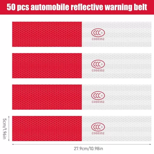 51 db Piros-Fehér Csíkos Öntapadó Fényvisszaverő Szalag, Figyelmeztető Jelölés Kamionokhoz és Pótkocsikhoz, 5 x 27.9 cm, Újracsomagolt termék