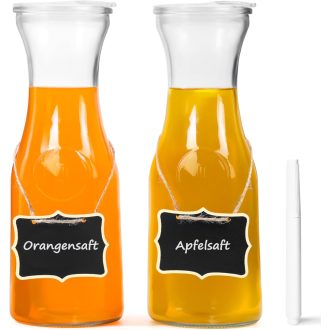   Winter Shore 1 Literes Üveg Kancsó Szett Fedővel [2 db] - Átlátszó Üveg Karaffa Akril Fedéllel, Krétacímkékkel és Fehér Filccel - Italokhoz,