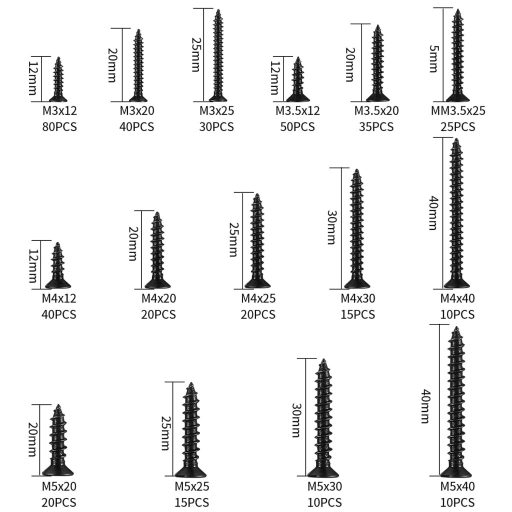 JinZeYou 420 darabos önmetsző csavar szett M3/M4/M5 fekete lapos fejű faforgácslemez bútor