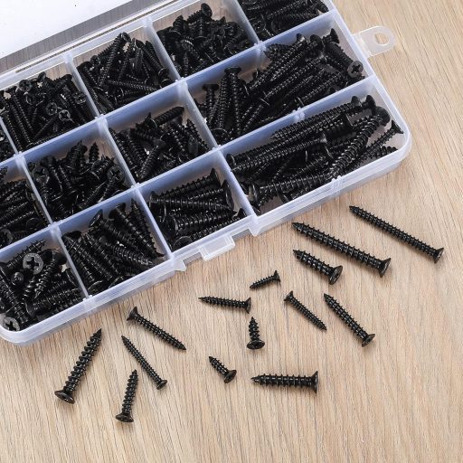 JinZeYou 420 darabos önmetsző csavar szett M3/M4/M5 fekete lapos fejű faforgácslemez bútor